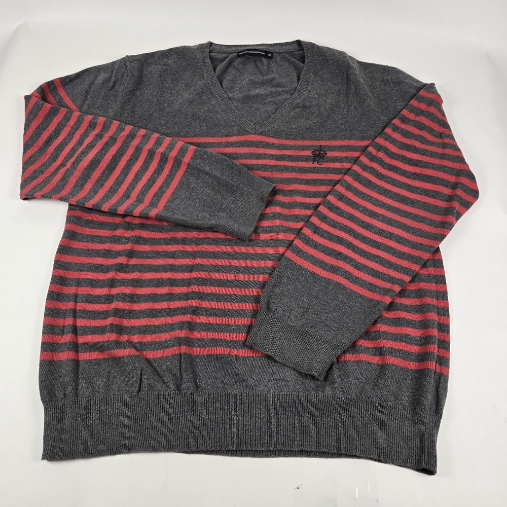 French Connection Men's V Neck Sweater Size XXL Srriped Gray And Red